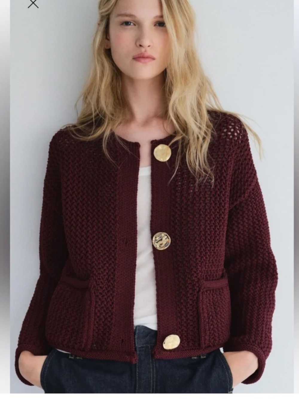 Zara Chunky Knit Cardigan Sweater Gold Button Burgundy Women’s L